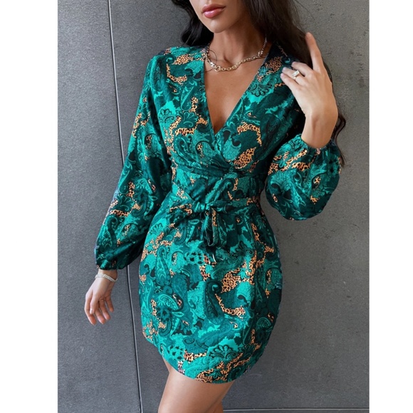 Paisley Printed Green V-Neck Long Sleeve Mini Belted Dress - Picture 5 of 8